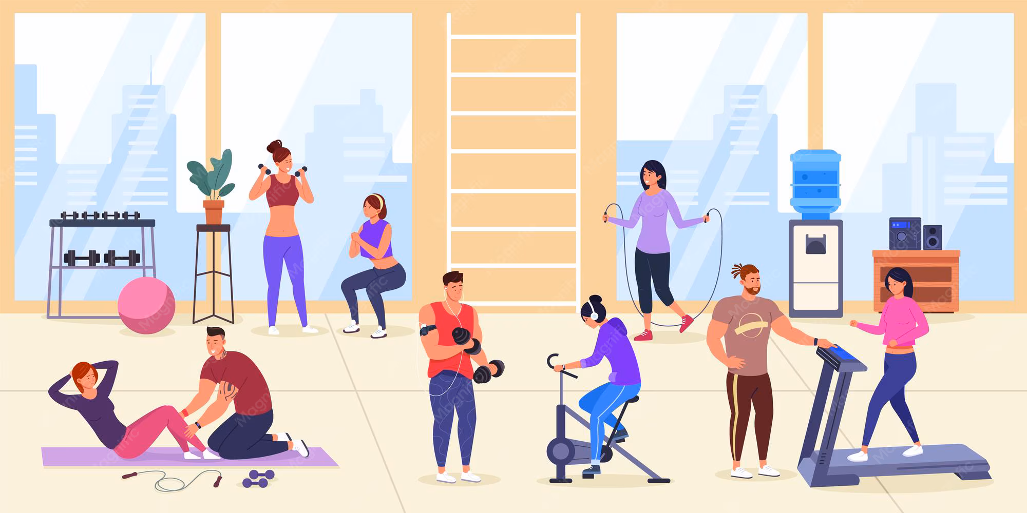 salle-fitness-panoramique-groupe-musculation-personnes-adultes-dans-sport-interieur-haltere-exercice-effort-physique-bien-etre-entrainement-cardio-worlout-dessin-anime-illustration-vectorielle-cr